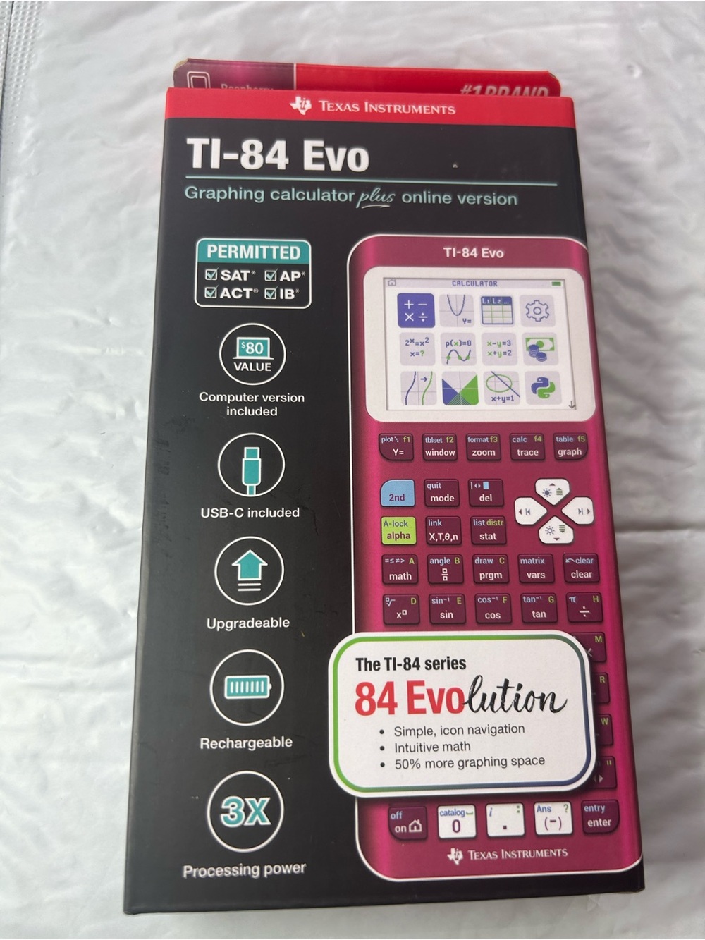 Texas Instruments Ti 84 EVO Graphing Calculator With Case Cable Raspberry NEW